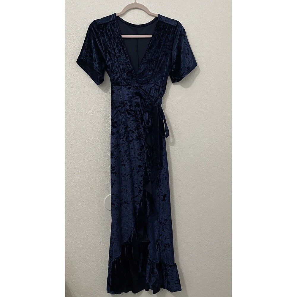 Cute Velvet wrap maxi dress womens XS Open Front Royal Blue Fairy Princess